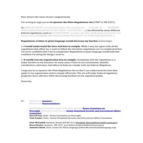 Sample letter for business owners and organizational leaders asking your Cong...