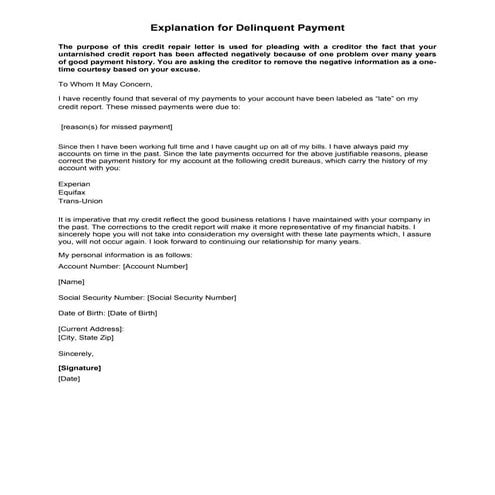 Sample letter explanation for delinquent payment | PDF