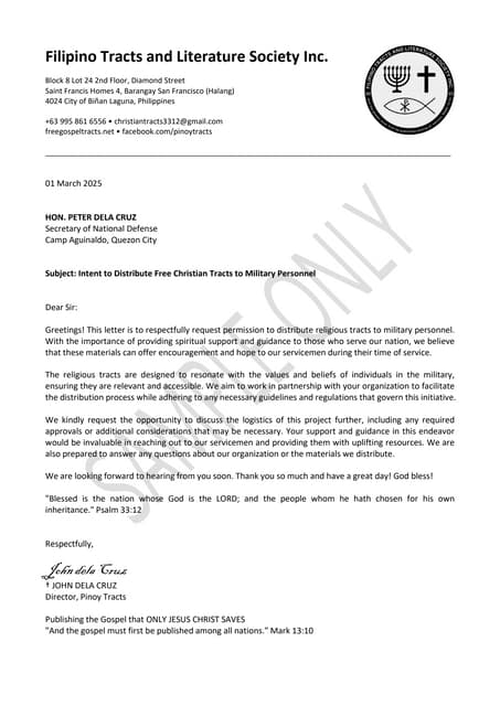 Sample Letter - Intent to Distribute Free Christian Tracts to Military Person...
