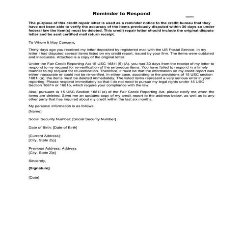 Sample letter reminder to respond | DOC