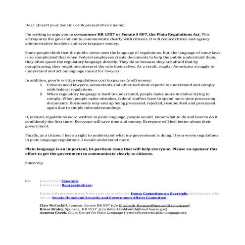 Sample letter for voters and taxpayers to asking your Congressmen to co-spons...