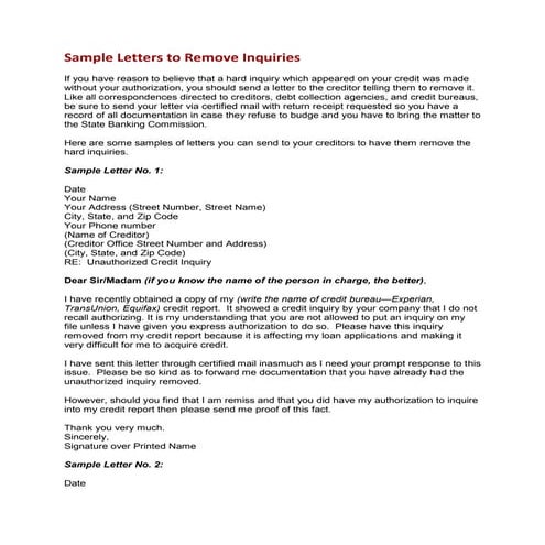 Sample letters to remove inquiries