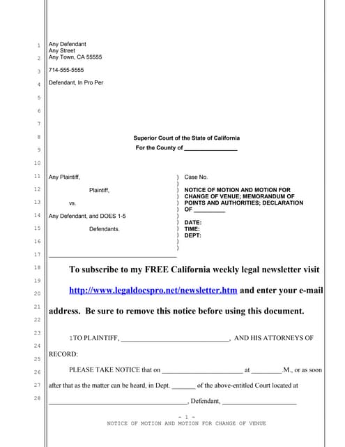 Sample California motion for change of venue PDF Sample California motion for change of venue PDF