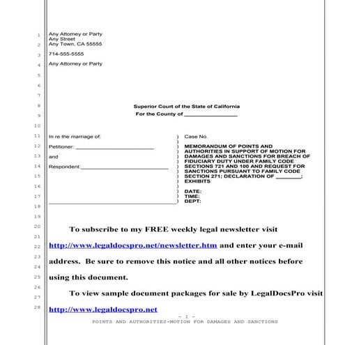 Sample motion for Family Code section 271 sanctions in California | DOC