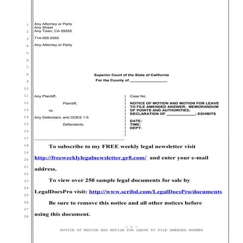 Sample motion for leave to amend answer in California
