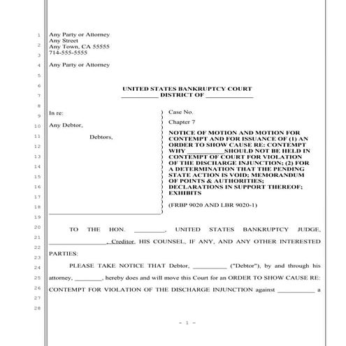 Sample motion for OSC for contempt for violations of the Bankruptcy Discharge...