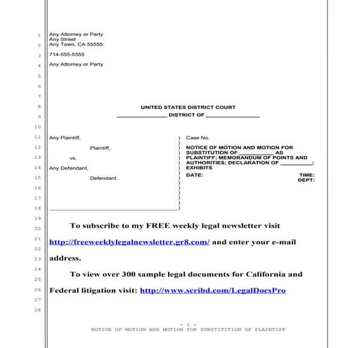 Sample motion for substitution of plaintiff in United States District Court