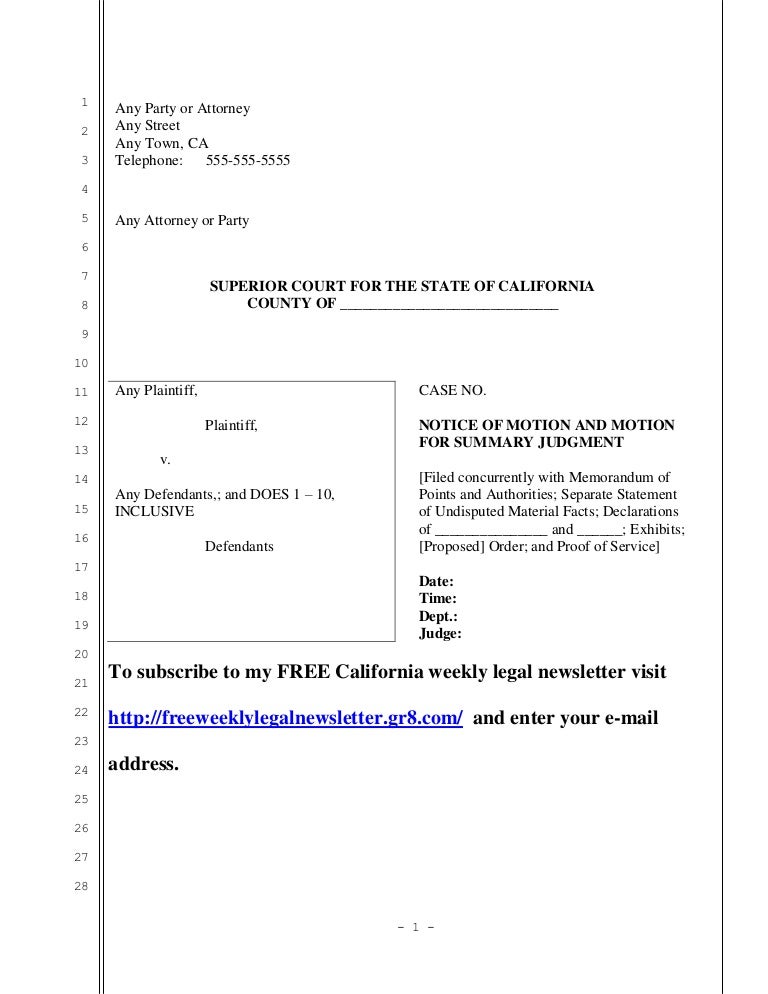 Sample California motion for summary judgment by plaintiff
