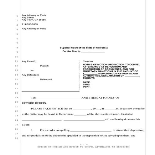 Sample California motion to compel attendance at deposition 
