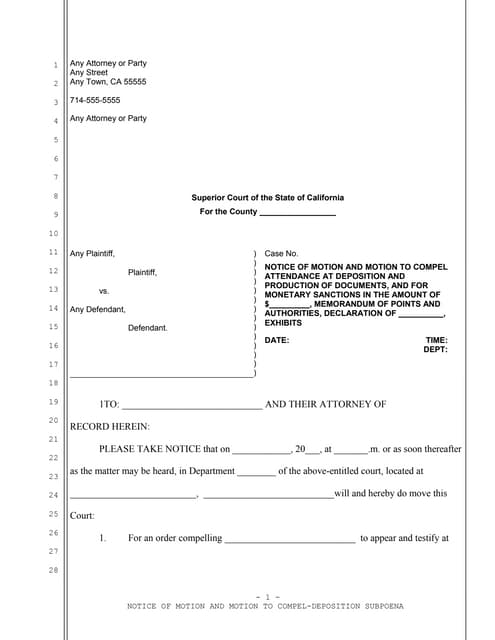 Sample California motion to compel attendance at deposition | DOC