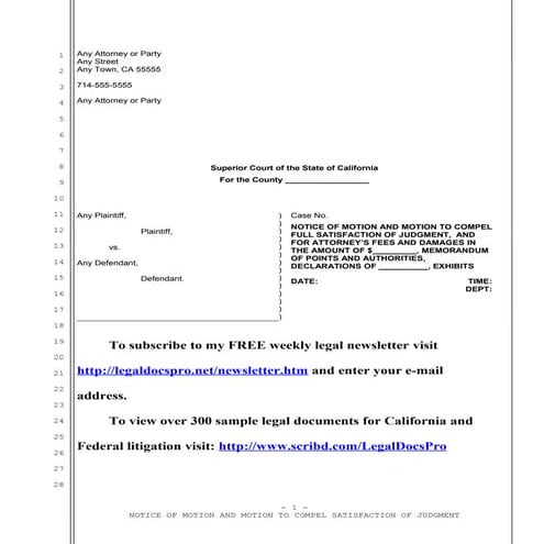 Sample motion for order compelling satisfaction of judgment in California