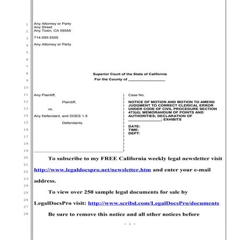Sample motion to correct clerical error in California judgment