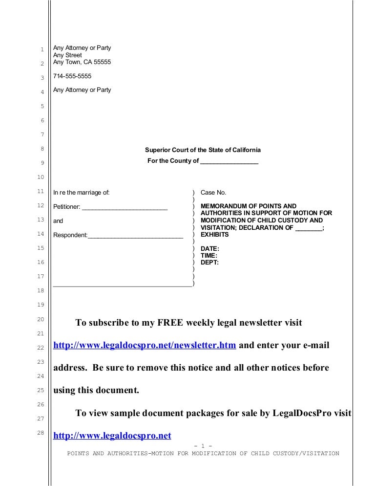 Sample Motion To Modify Child Custody And Visitation In California Sample Motion To Modify Child Custody And Visitation In California
