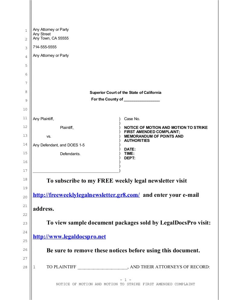 Sample motion to strike first amended complaint in California