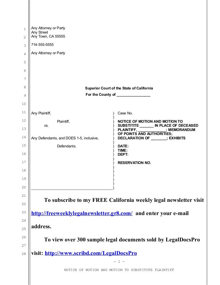 Sample motion to substitute plaintiff in California