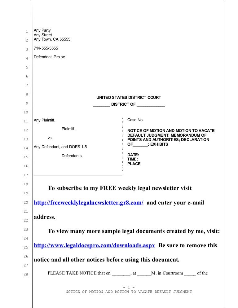 Sample motion to vacate default judgment under Federal Rule of Civi…