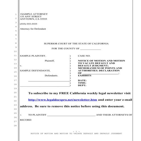Sample California motion to vacate default judgment for extrinsic fraud or mi...