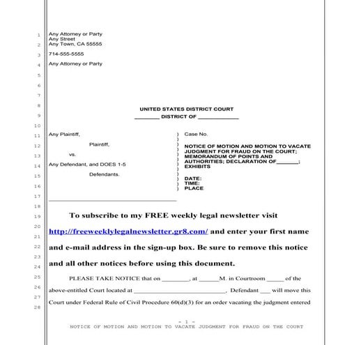 Sample motion to vacate judgment for fraud on the court under rule 60(d)(3)