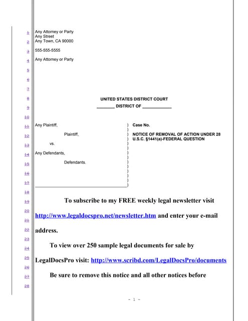 Sample notice of removal to United States District Court DOC Sample notice of removal to United States District Court DOC