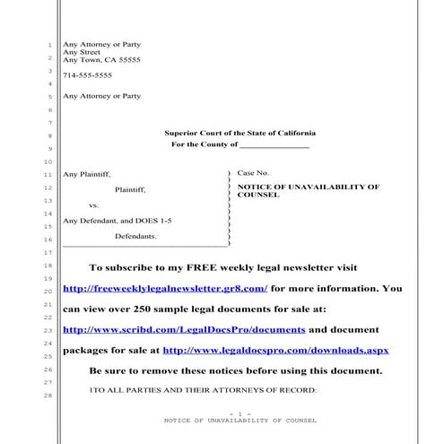 Sample notice of unavailability of counsel for California | DOC