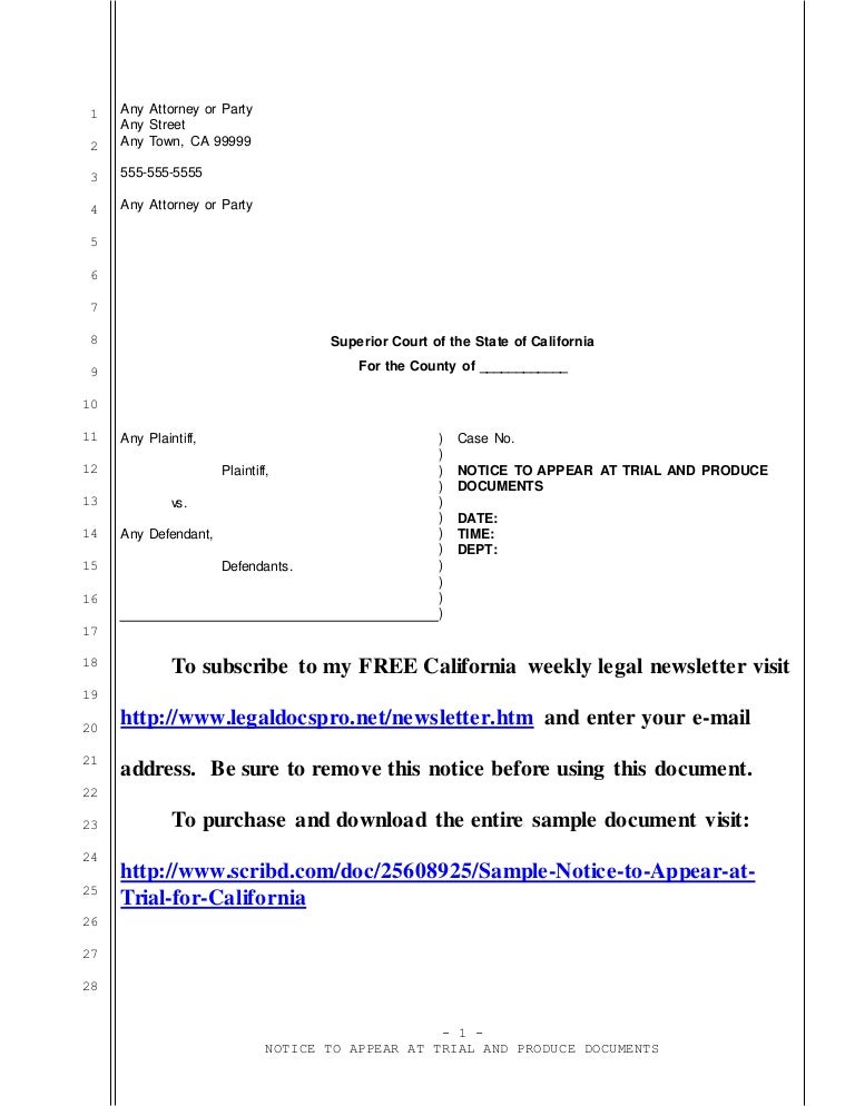 Sample California Notice To Appear At Trial And Produce Documents