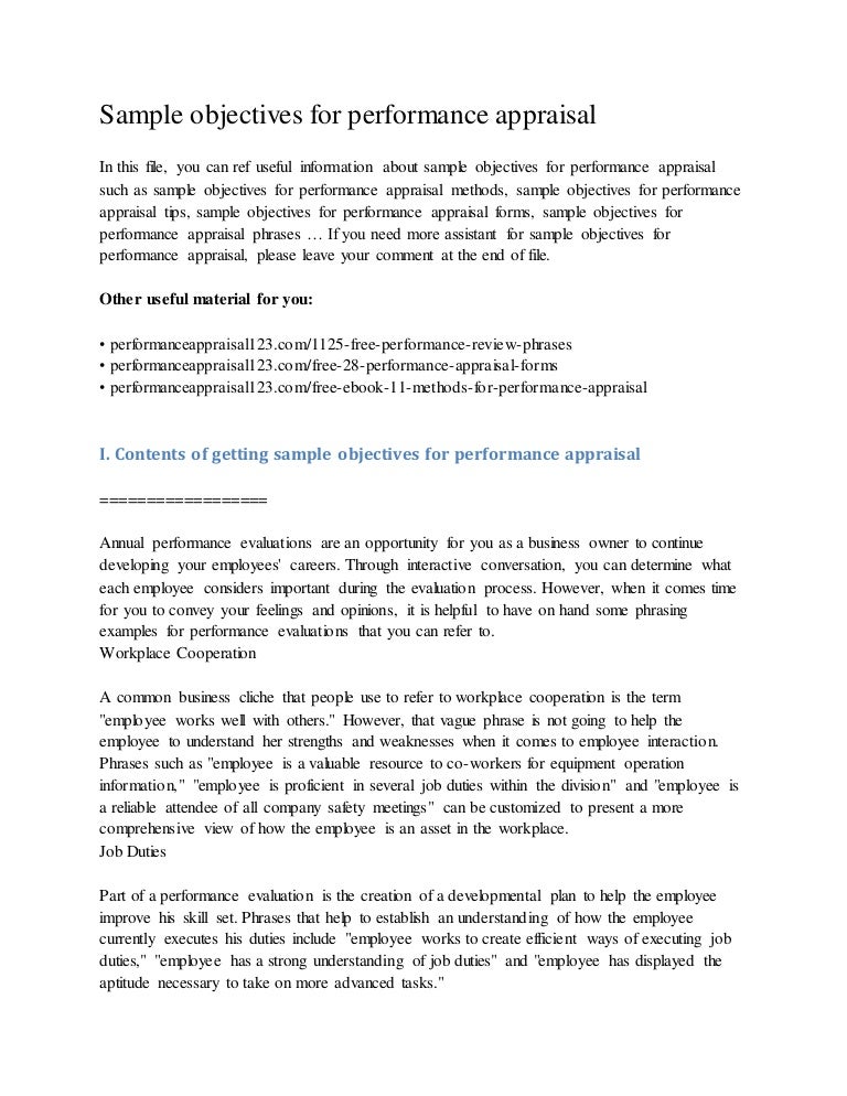 Sample objectives for performance appraisal