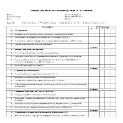 Sample Observation and Rating Sheet in Lesson Plan | DOCX | Educational ...