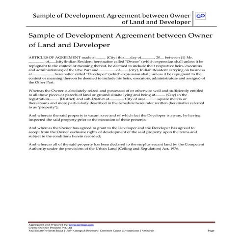 Sample of development joint venture agreement between owner of land and devel...