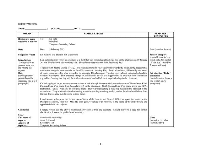 Sample of report of theft