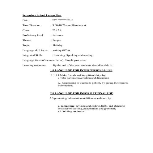 Sample of writing lesson plan