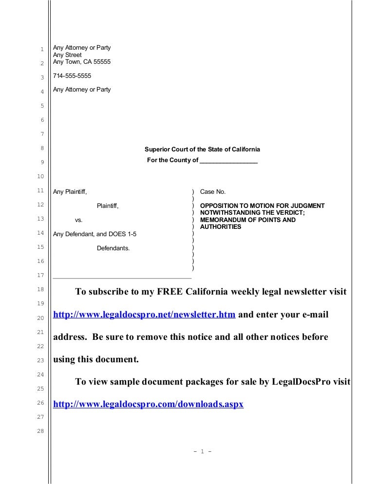 Sample opposition to motion for judgment notwithstanding the verdict…