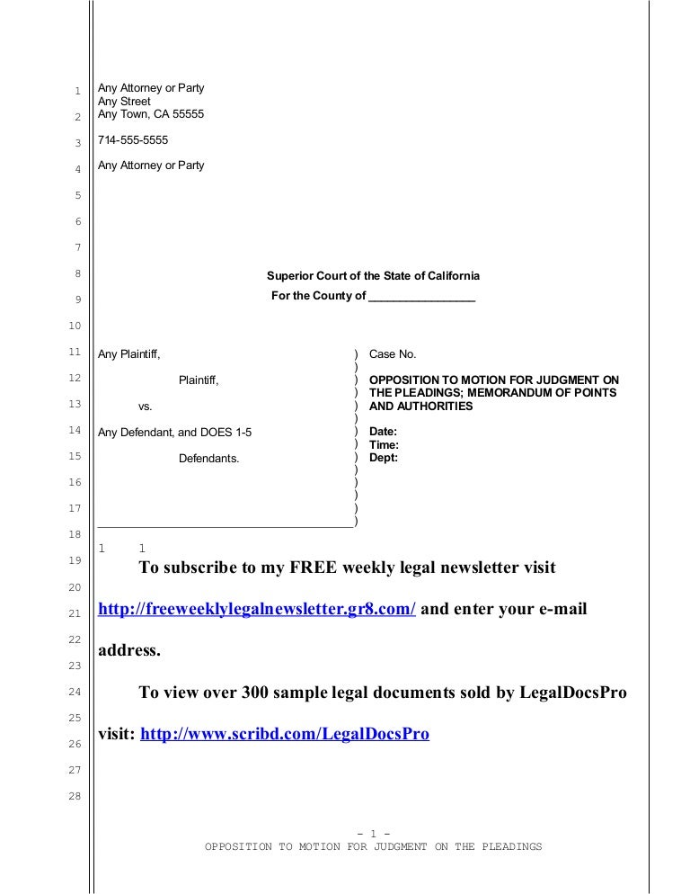 Sample plaintiffs opposition to motion for judgment on the pleadings
