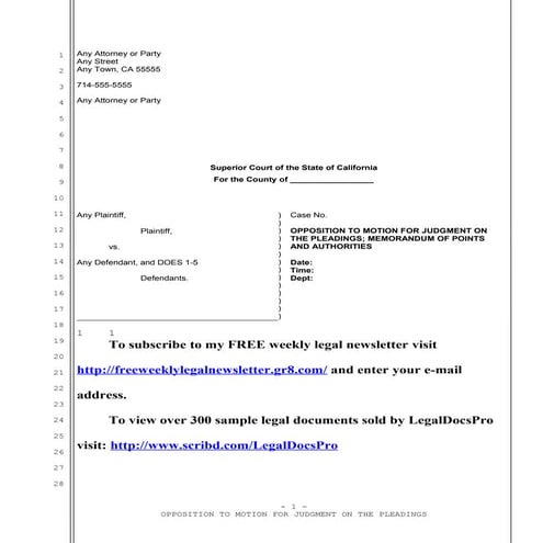 Sample plaintiffs opposition to motion for judgment on the pleadings in Calif...