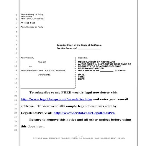 Sample opposition to request for domestic violence restraining order in Calif...