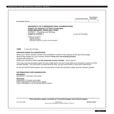 Sample paper r&w pet