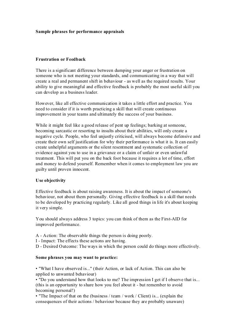 Sample phrases for performance appraisals