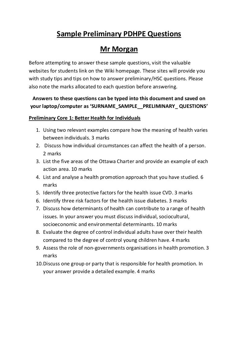 Sample Preliminary Pdhpe Questions