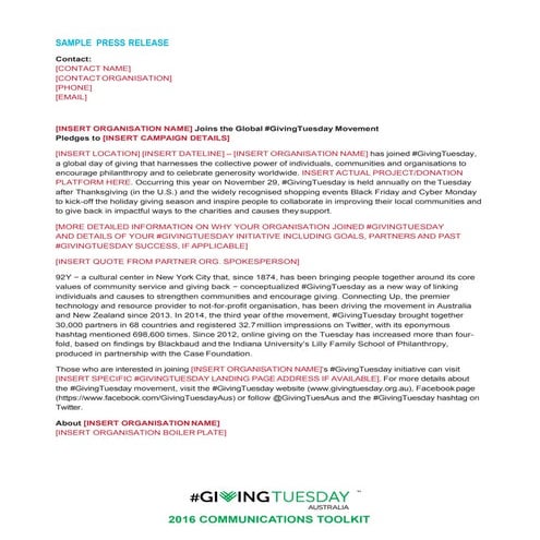 #GivingTuesday Australia 2016 - Sample press release
