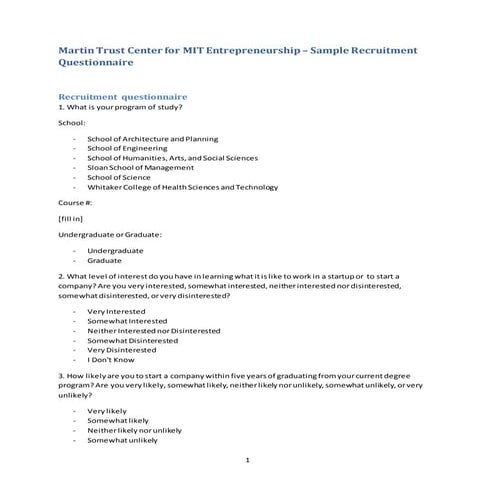 Sample recruitment questionnaire