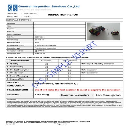 Pre shipment inspection sample report for toy-ratio control car