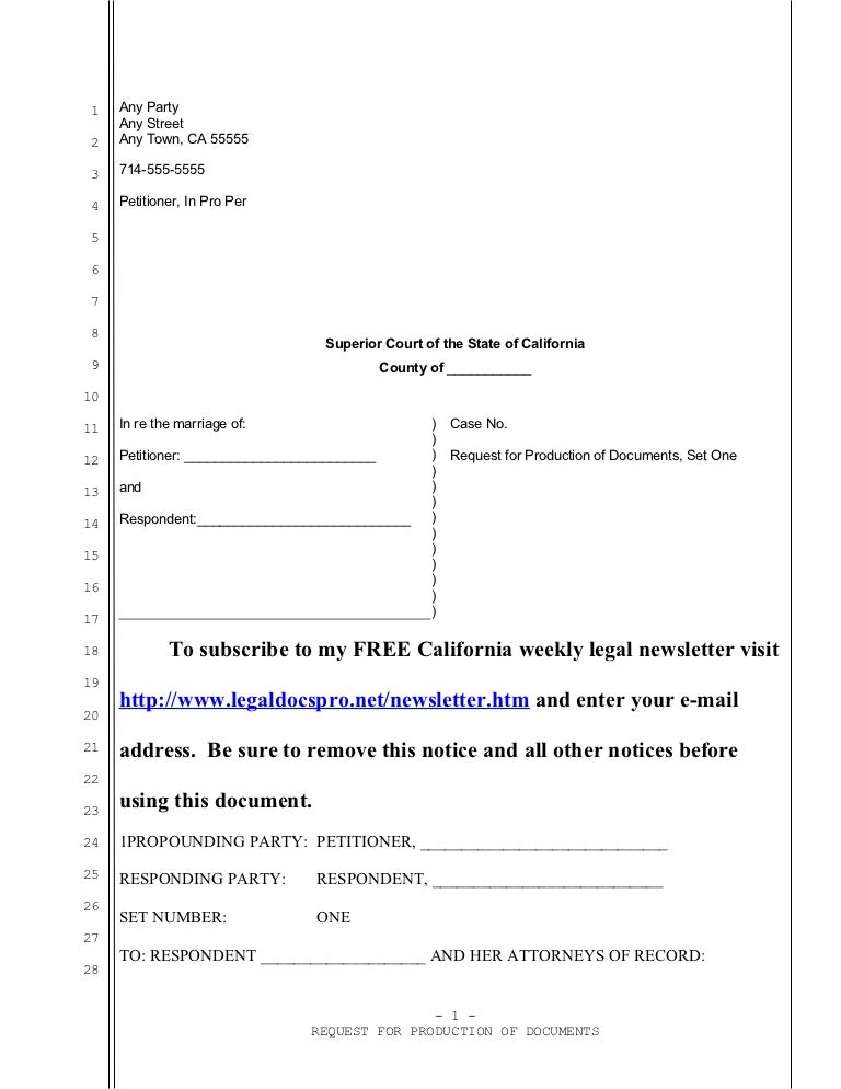 Sample California request for documents for divorce