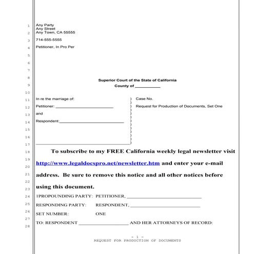 Sample California request for documents for divorce 