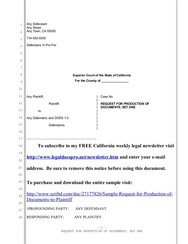 Sample california request for production of documents