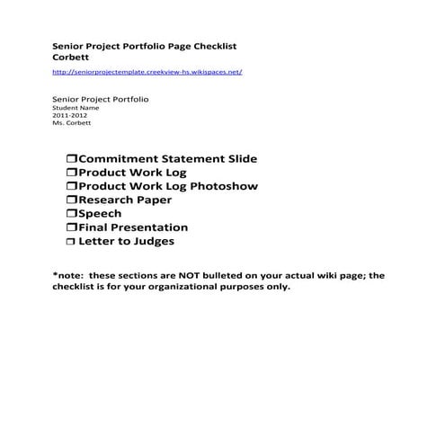 Senior Project Portfolio Checklist of Items 