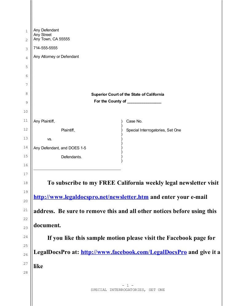 Sample special interrogatories for california