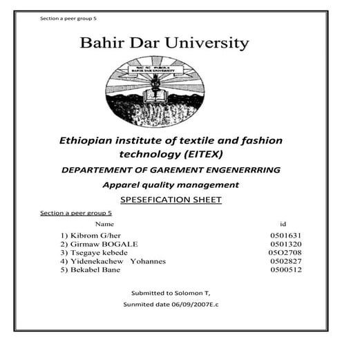  specification sheet for garment 