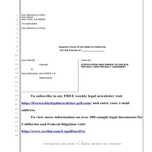 Sample stipulation and order to vacate judgment in California