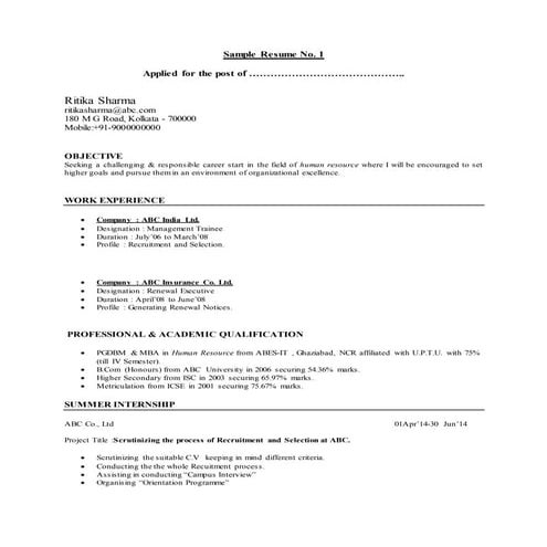 Sample template cv of mba hr resume