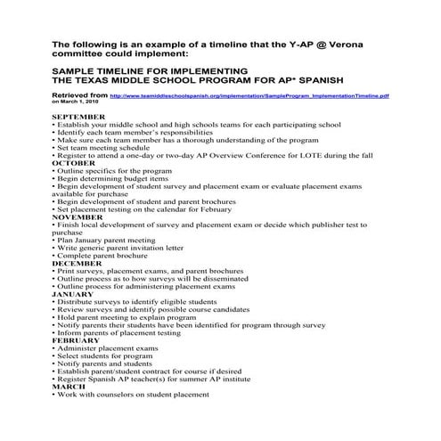 Sample timeline for implementing ap course singleton