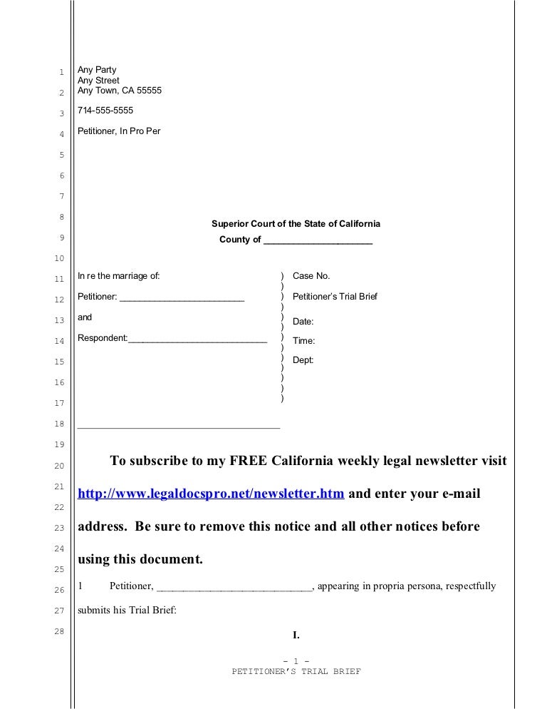 Sample trial brief for california divorce